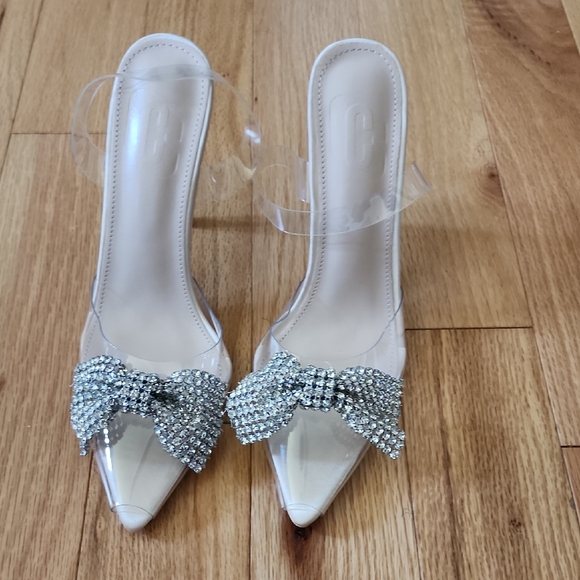 Chic Rhinestone Bow Clear Heels - Picture 1 of 6